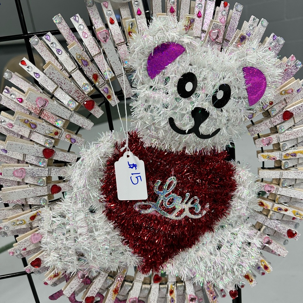 Handmade one of a kind love bear clothespin wreath wall/door decor